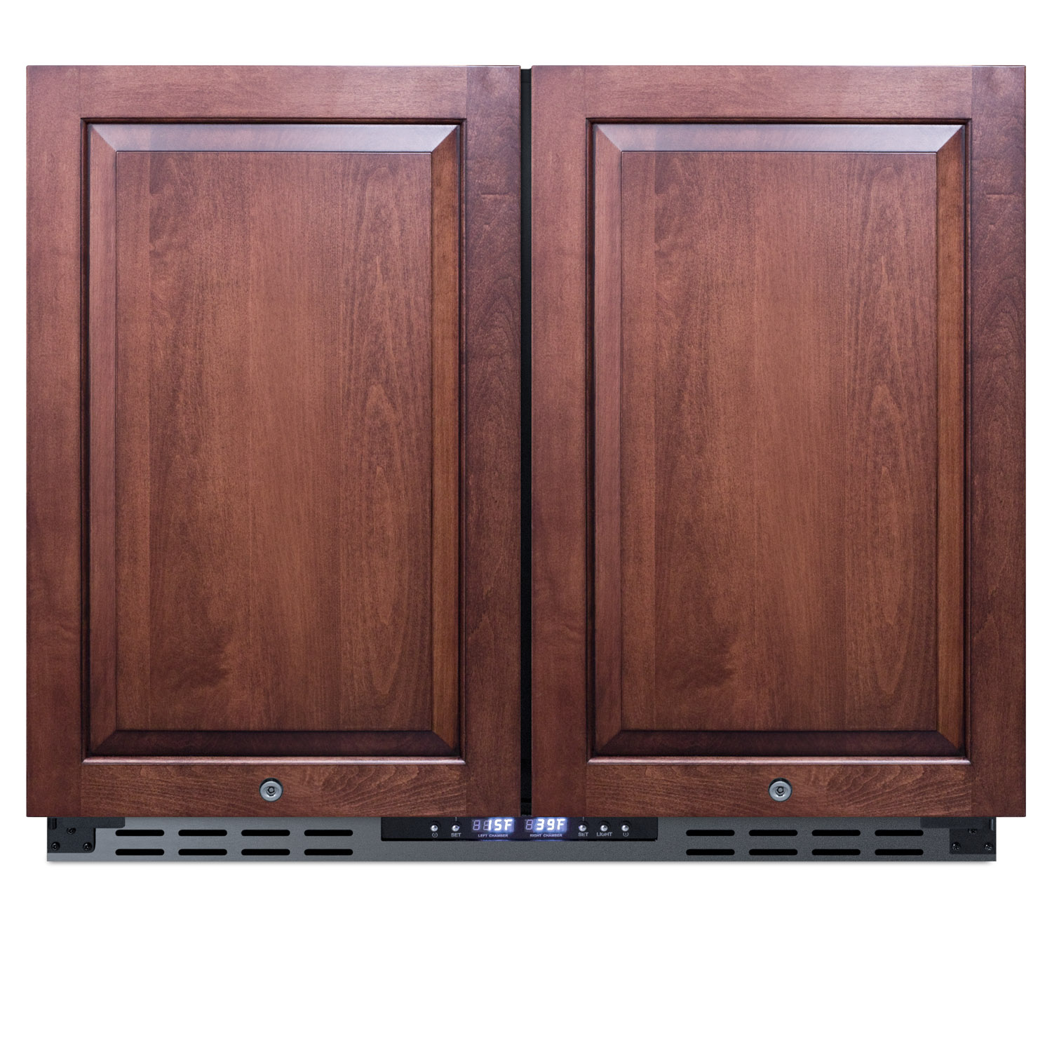 ADA compliant, commercially approved, frost-free, side-by-side refrigerator-freezer for built-in or freestanding use with two panel ready doors, black cabinet, and front-placed digital controls